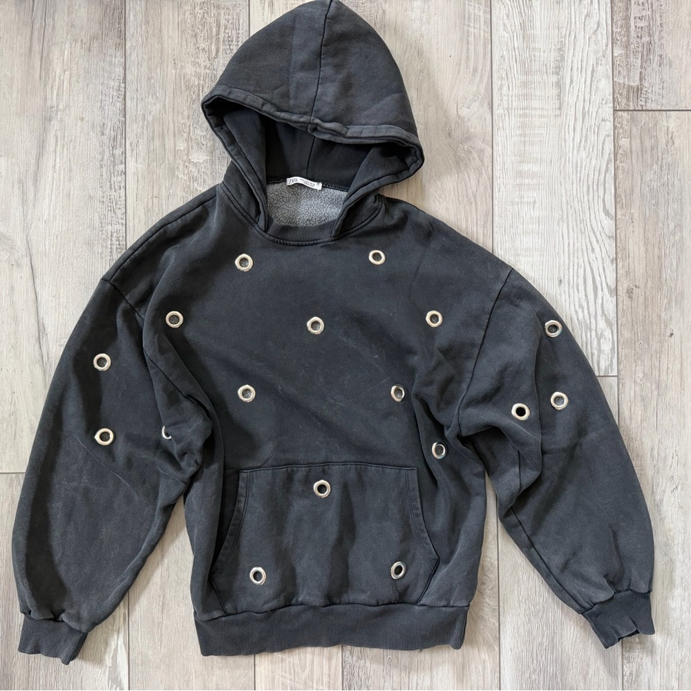 Zara Acid Mineral Wash Black Metal Circle Hoodie size women’s small - Picture 2 of 7